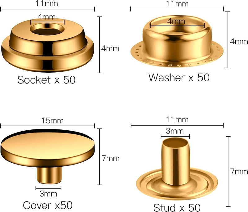 Moocci 200 Pieces (50 Sets) Leather Snap and Fastener Kit Tool 5/8 Inches (15mm) for Bag, Jeans, Clothes, Fabric - Stainless Snaps Button With 15mm Fasteners (Gold) - Image 2